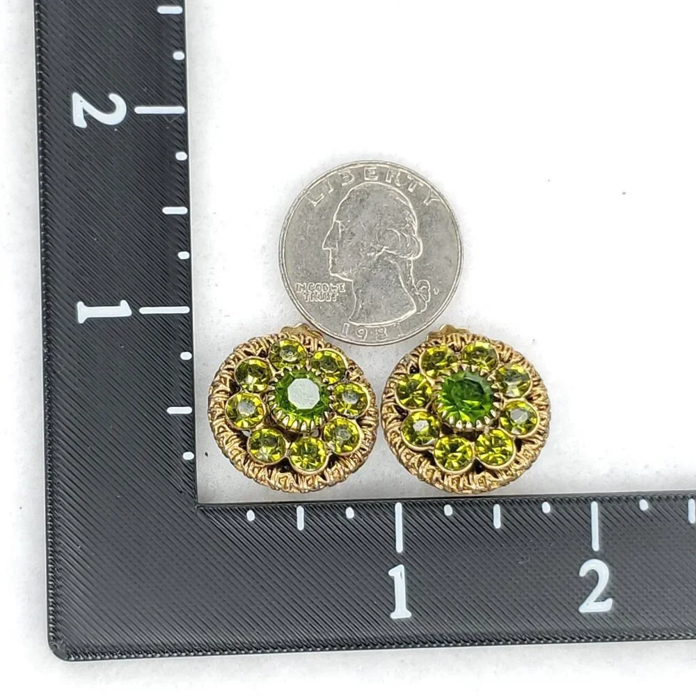 Vintage Rhinestone Earrings Green Gold Tone Round Clip On 7/8